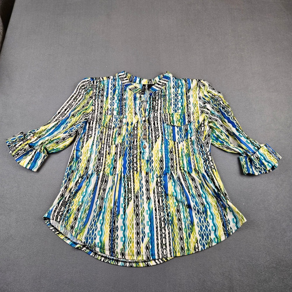 New Directions Petite Blue Green Geometric Roll Tab Sleeve Tunic Top PL